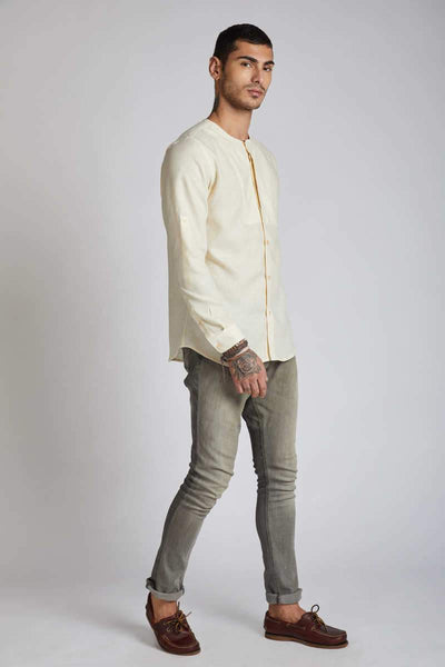 Men's Natural Hemp Round Neck Shirt - Yellow Stripes