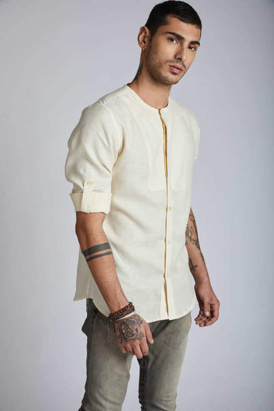 Men's Natural Hemp Round Neck Shirt - Yellow Stripes
