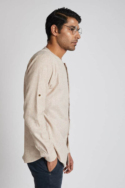 Men's Natural Hemp Round Neck Shirt - Rust Stripes