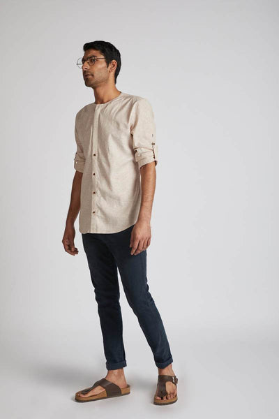Men's Natural Hemp Round Neck Shirt - Rust Stripes