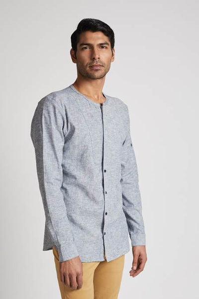 Men's Natural Hemp Round Neck Shirt - Blue Melange