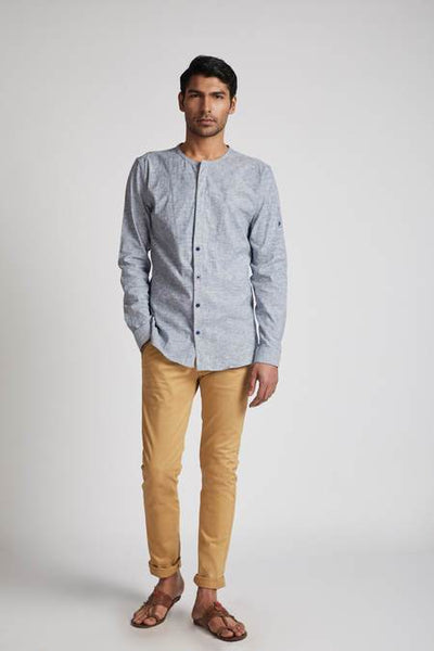 Men's Natural Hemp Round Neck Shirt - Blue Melange