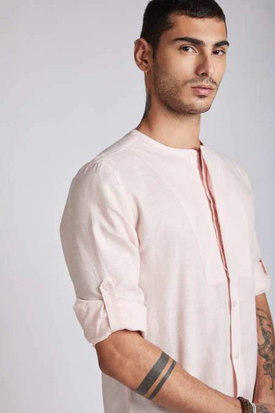 Men's Natural Hemp Round Neck Shirt - Peach Stripes