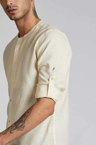 Men's Natural Hemp Round Neck Shirt - Yellow Stripes
