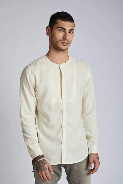 Men's Natural Hemp Round Neck Shirt - Yellow Stripes