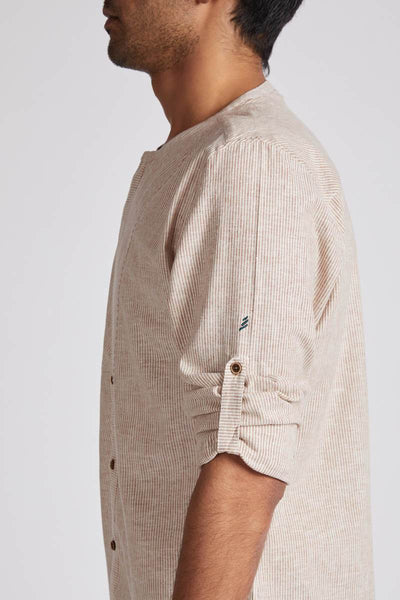 Men's Natural Hemp Round Neck Shirt - Rust Stripes