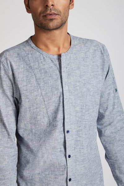 Men's Natural Hemp Round Neck Shirt - Blue Melange