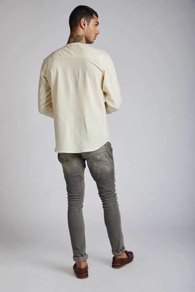 Men's Natural Hemp Round Neck Shirt - Yellow Stripes