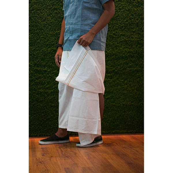 Men's Handwoven Khadi Dhoti - White with Golden Border