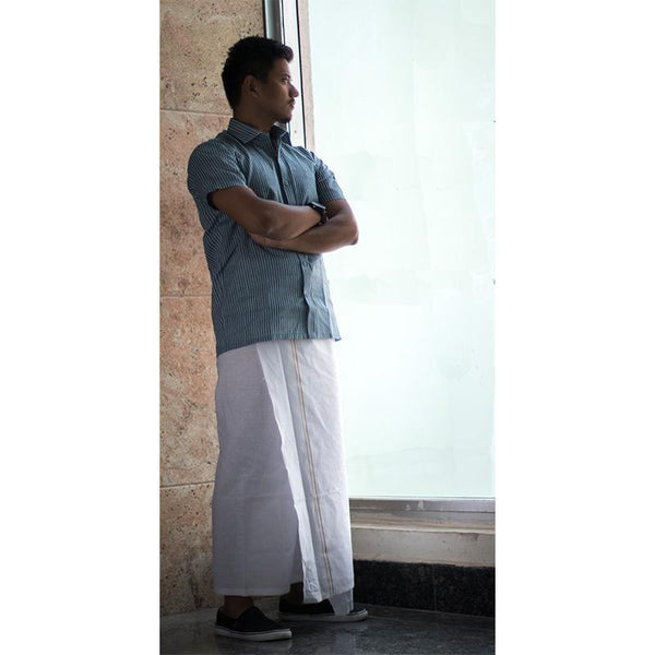 Men's Handwoven Khadi Dhoti - White with Golden Border