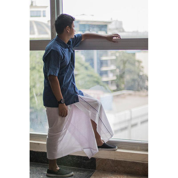 Men's Handwoven Khadi Dhoti - White with Blue Border