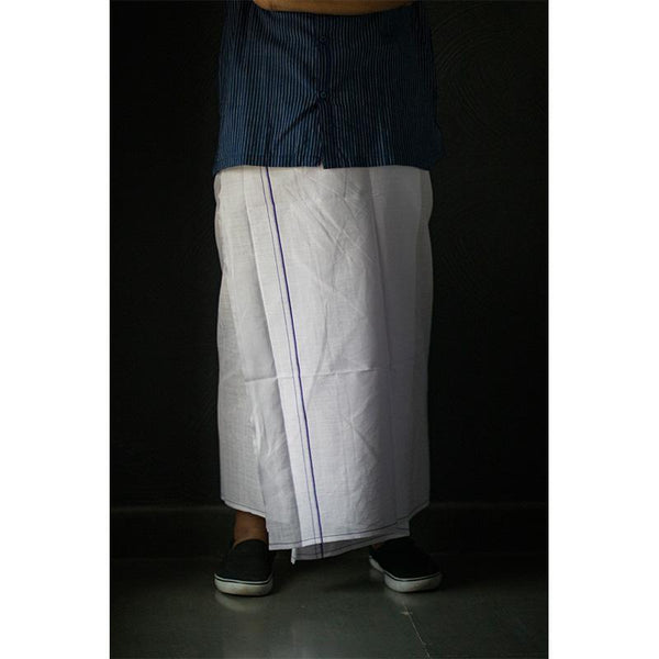 Men's Handwoven Khadi Dhoti - White with Blue Border