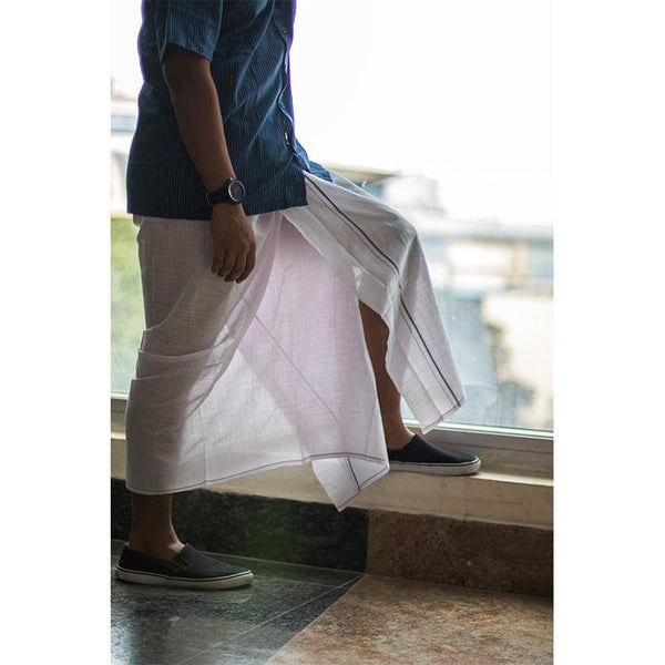 Men's Handwoven Khadi Dhoti - White with Blue Border