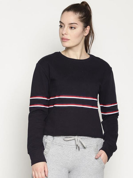 Women's Organic Cotton Knitted Crop Sweatshirt - Navy Blue with Red Stripe