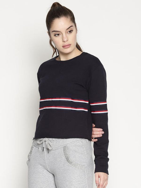 Women's Organic Cotton Knitted Crop Sweatshirt - Navy Blue with Red Stripe