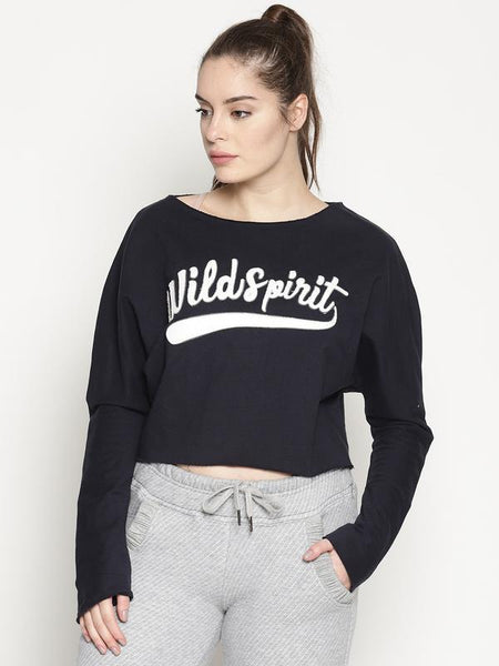 Women's Organic Cotton Knitted Crop Sweatshirt - Navy Blue Wildspirit
