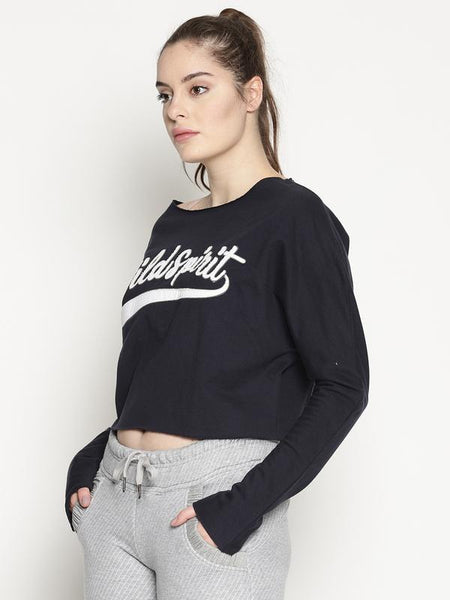 Women's Organic Cotton Knitted Crop Sweatshirt - Navy Blue Wildspirit