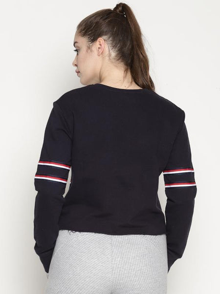 Women's Organic Cotton Knitted Crop Sweatshirt - Navy Blue with Red Stripe