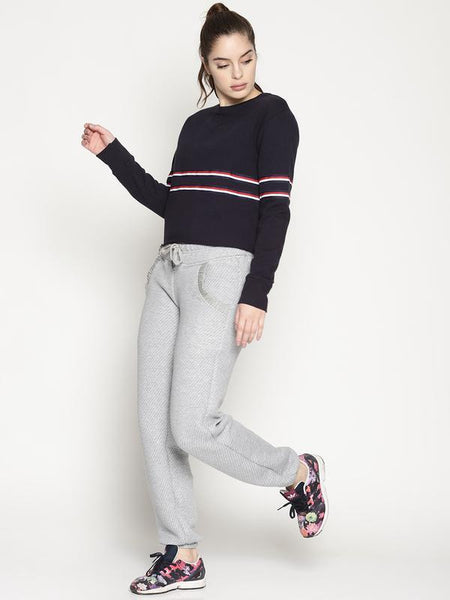 Women's Organic Cotton Knitted Crop Sweatshirt - Navy Blue with Red Stripe