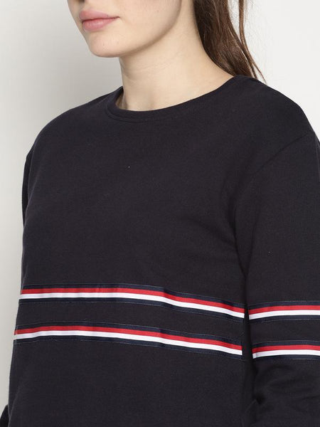 Women's Organic Cotton Knitted Crop Sweatshirt - Navy Blue with Red Stripe