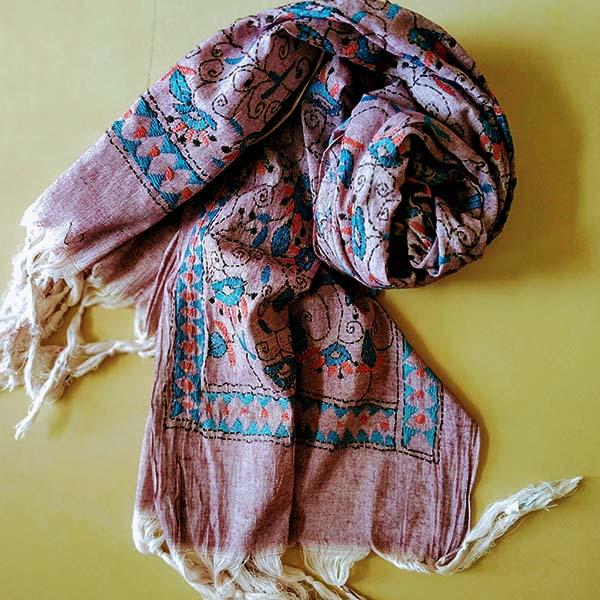 Lavender Silk Cotton Kantha Work Stole