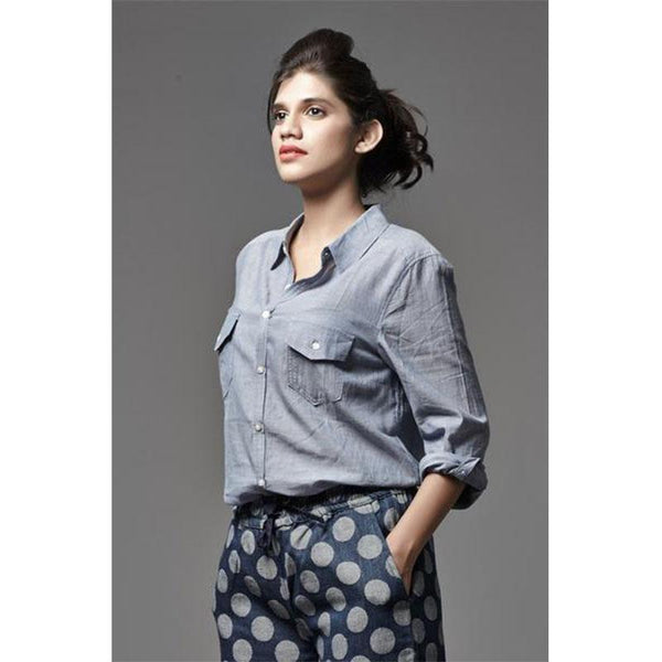 Handwoven Cotton Collared Women's Shirt - Light Blue