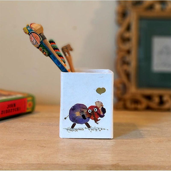 Handcrafted Pencil Holder with Handpressed Flowers (White Elephant)