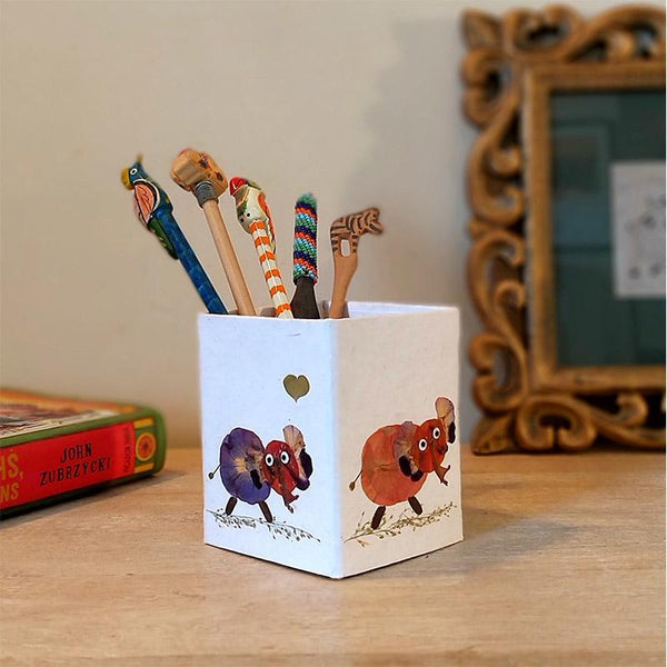 Handcrafted Pencil Holder with Handpressed Flowers (White Elephant)