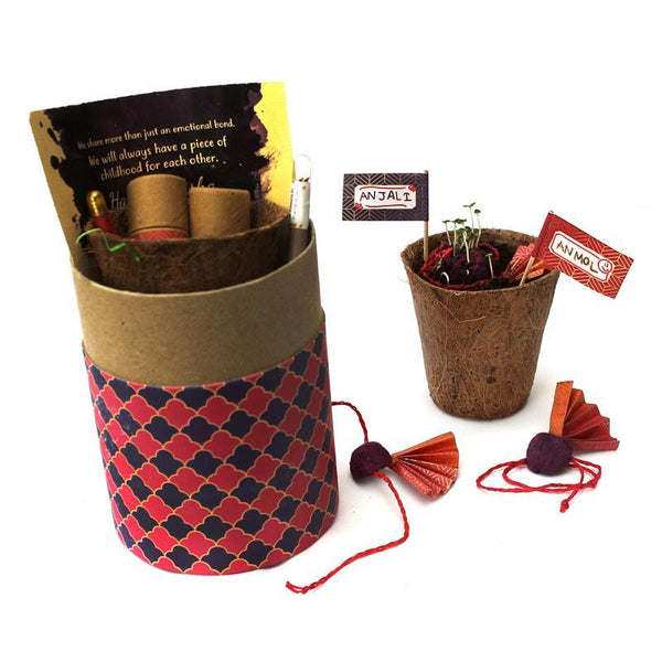 Eco-Friendly Luxury Rakhi Kit with 2 Plantable Seed Adult Rakhis, a Plantable Seed Pen and Pencil