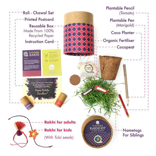 Eco-Friendly Luxury Rakhi Kit with 2 Plantable Seed Rakhis (1 Adults + 1 Kids), Plantable Seed Pen and Pencil