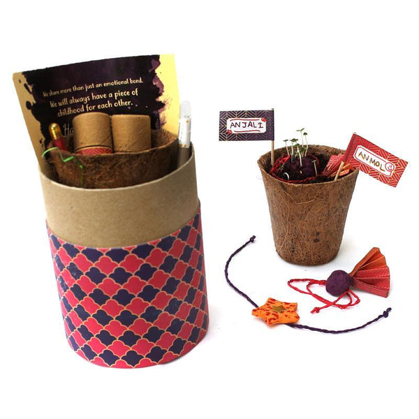 Eco-Friendly Luxury Rakhi Kit with 2 Plantable Seed Rakhis (1 Adults + 1 Kids), Plantable Seed Pen and Pencil
