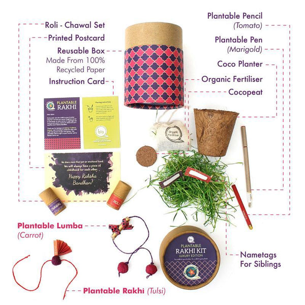 Eco-Friendly Luxury Rakhi Kit with Plantable Seed Adult Rakhi, Plantable Seed Lumba,  Plantable Seed Pen and Pencil