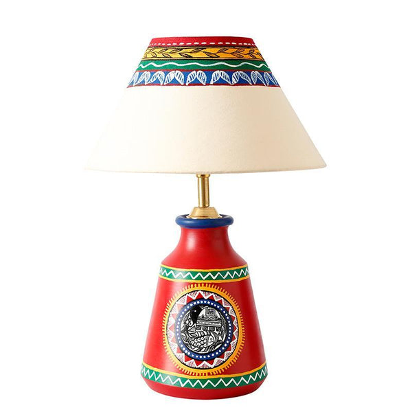 'Madhubani In Light' Hand-Painted Tapered Terracotta Table Lamp Created by Traditional Artisans (Red)