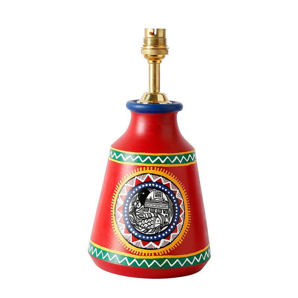 'Madhubani In Light' Hand-Painted Tapered Terracotta Table Lamp Created by Traditional Artisans (Red)