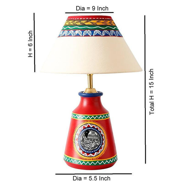 'Madhubani In Light' Hand-Painted Tapered Terracotta Table Lamp Created by Traditional Artisans (Red)