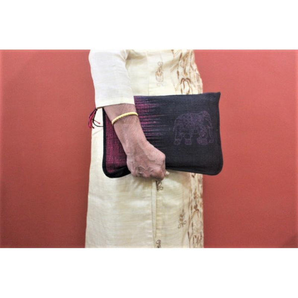 iPad Sleeve Made with Hibiscus Fibre - Maroon with Elephant Motif