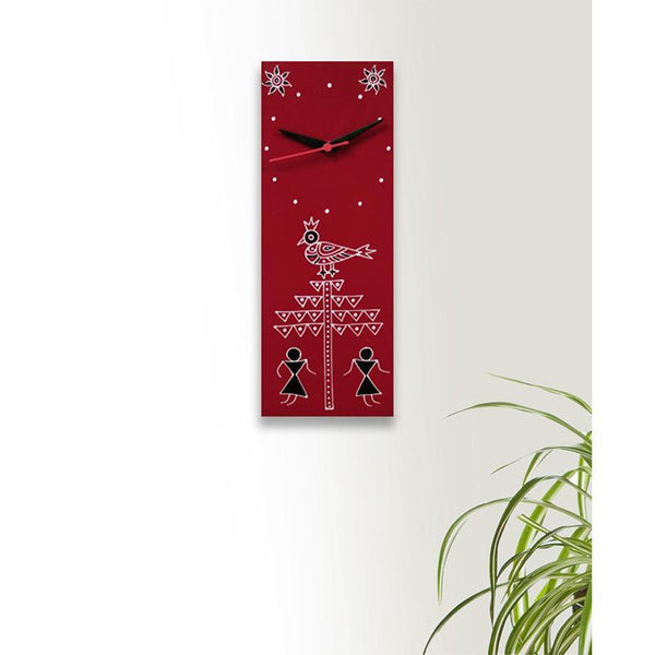 Hand Painted Warli Wall Clock - Maroon