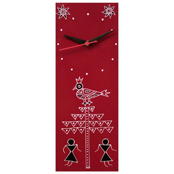 Hand Painted Warli Wall Clock - Maroon