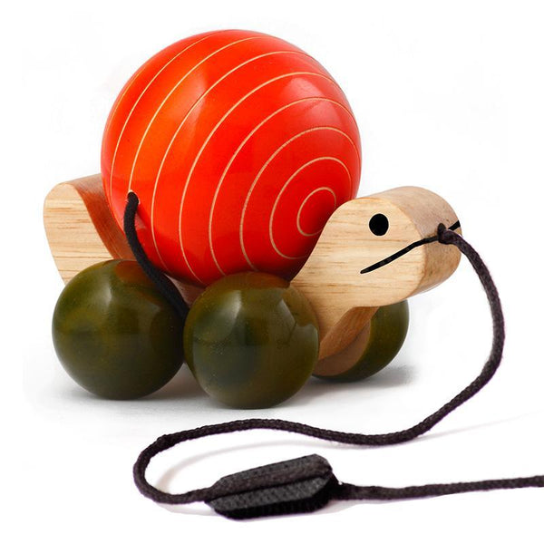 Hand-Crafted Wooden Pull Toy with Rotating Shell - Tuttu the Turtle (Orange)