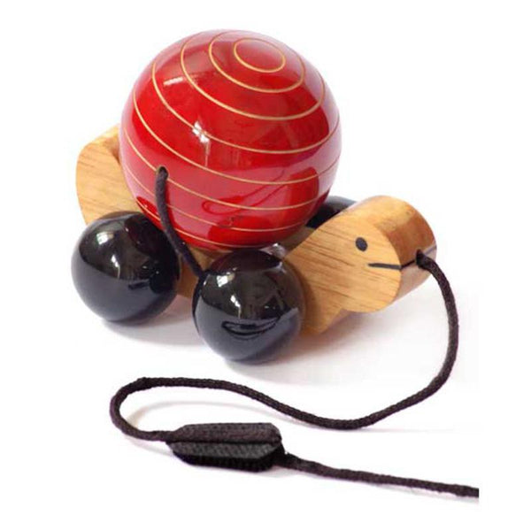 Hand-Crafted Wooden Pull Toy with Rotating Shell - Tuttu the Turtle (Red)