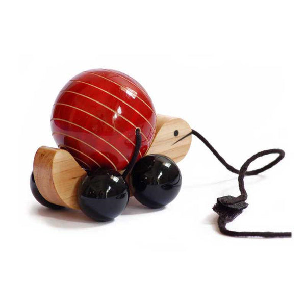 Hand-Crafted Wooden Pull Toy with Rotating Shell - Tuttu the Turtle (Red)