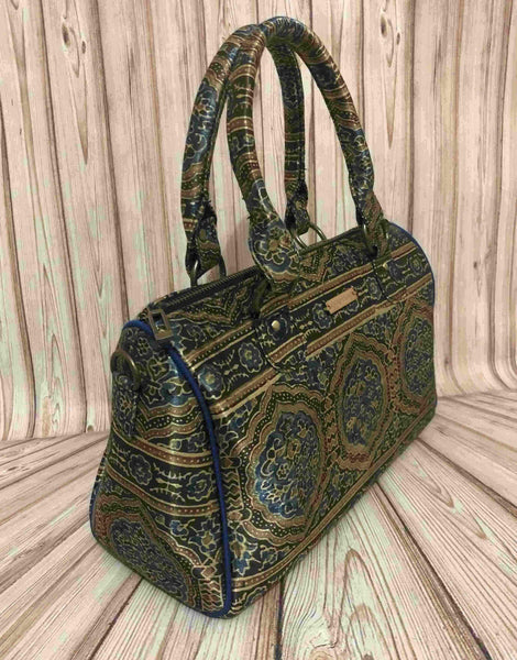 Naturally Dyed Patterned Ajrakh Duffle Bag in Mehendi Green Silk