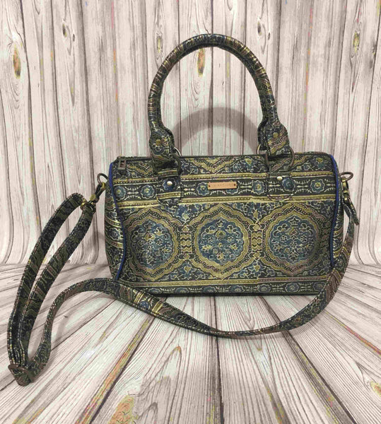 Naturally Dyed Patterned Ajrakh Duffle Bag in Mehendi Green Silk