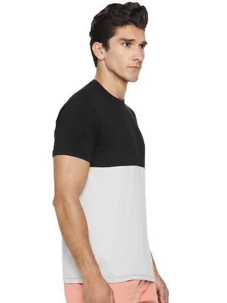 Men's Colour Block Round Neck Bamboo Tee - Slate Black and Harbour Mist (AMCT002M)