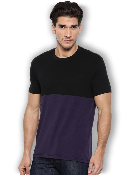 Men's Colour Block Round Neck Bamboo Tee - Slate Black and Midnight Plum (AMCT002P)
