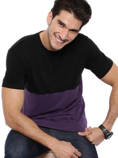 Men's Colour Block Round Neck Bamboo Tee - Slate Black and Midnight Plum (AMCT002P)