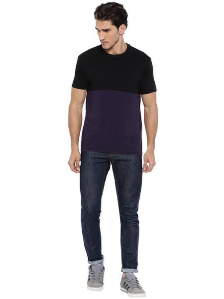 Men's Colour Block Round Neck Bamboo Tee - Slate Black and Midnight Plum (AMCT002P)