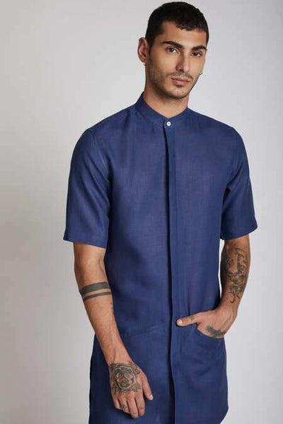Men's Natural Hemp Kurta - Navy