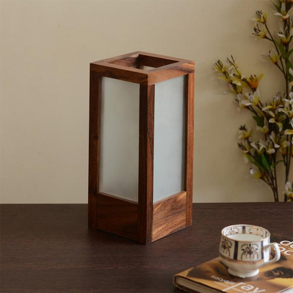 Frosted Glass Table Lamp In Sheesham Wood created by Traditional Artisans
