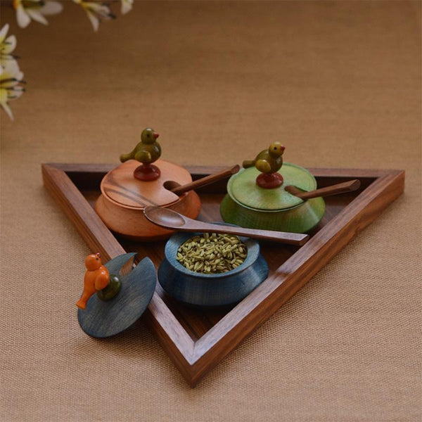 Multicoloured Triangular Wooden Parrot Jar Set With Tray & Spoon Created by Traditional Artisans